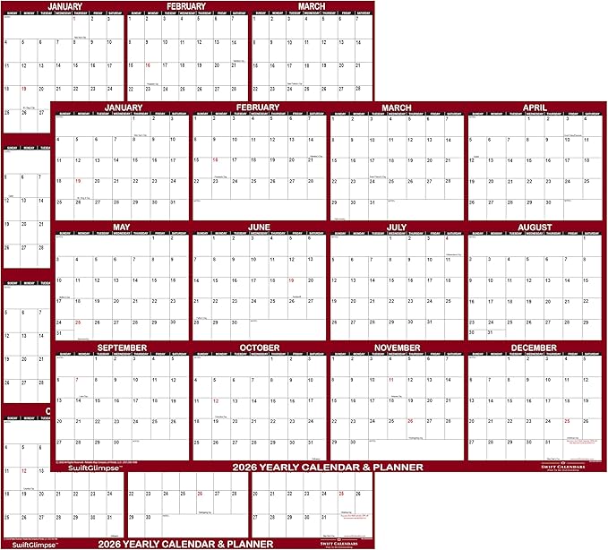 32" x 48" SwiftGlimpse 2026 Wall Calendar Erasable Jumbo XL Wet & Dry Erase by Swiftmaps