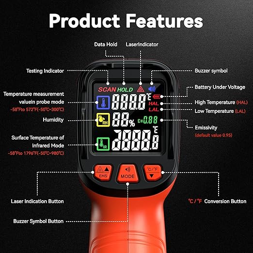 Infrared Thermometer Temperature Gun -58°F to 1796°, 16:1 Non Contact Laser - Image 4