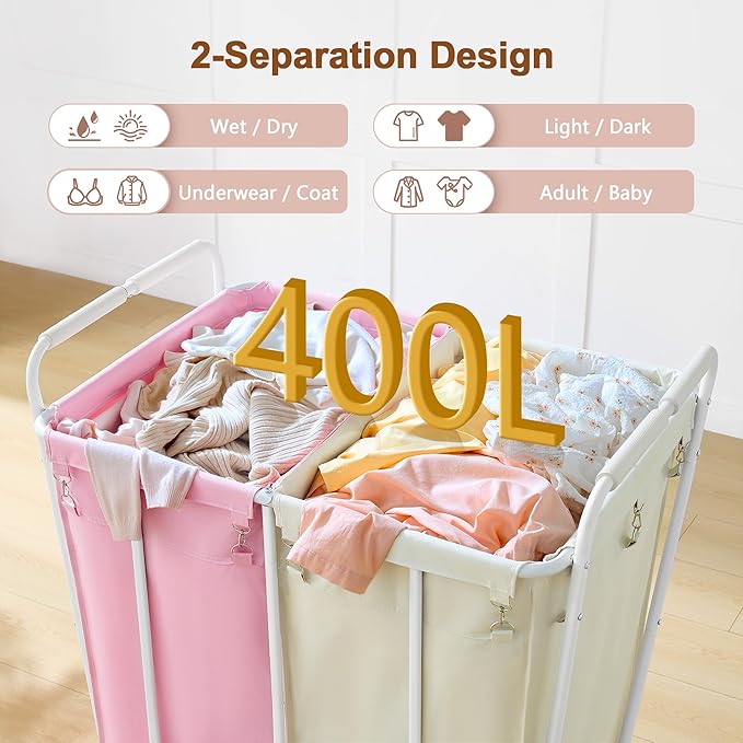Hoctieon 2 Section Laundry Sorter Cart, 400L Rolling Hamper - Image 3