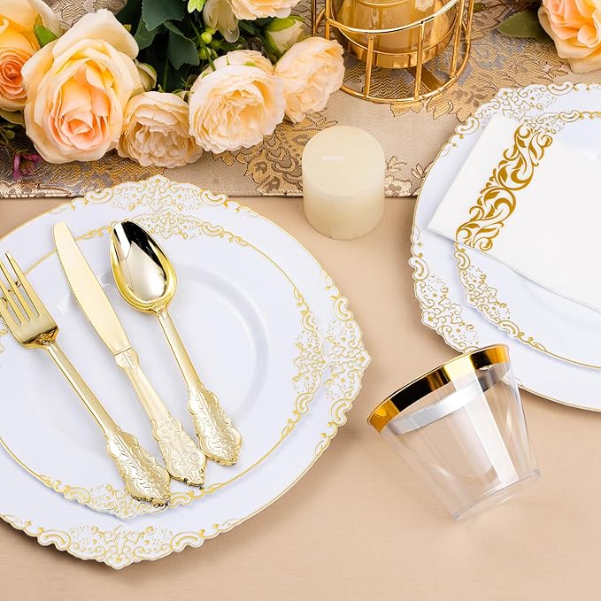 350PCS White and Gold Plastic Plates - Image 3