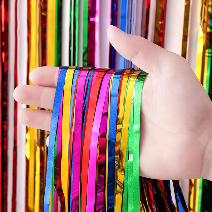 3 Pack 3.3x8.2 Feet Rainbow Foil Fringe Backdrop Curtains, Tinsel Streamers - Image 2