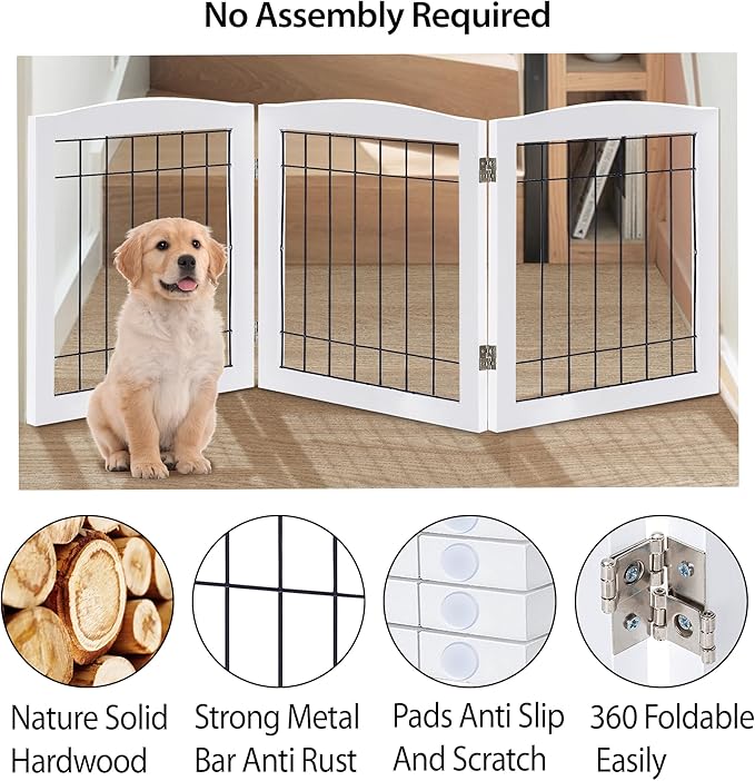 LZRS 3-Panel Freestanding Foldable Wooden Dog Gate –Solid Wood & Steel Wire - Image 3