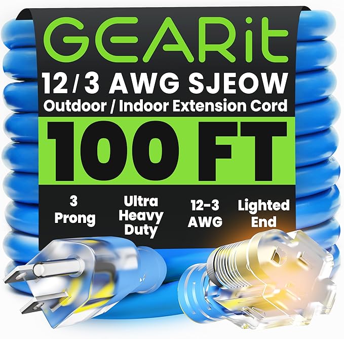 GEARit Outdoor 12 AWG Gauge 3 Prong Plug, Extension Cord, Ultra Heavy Duty SJEOW by GEARit