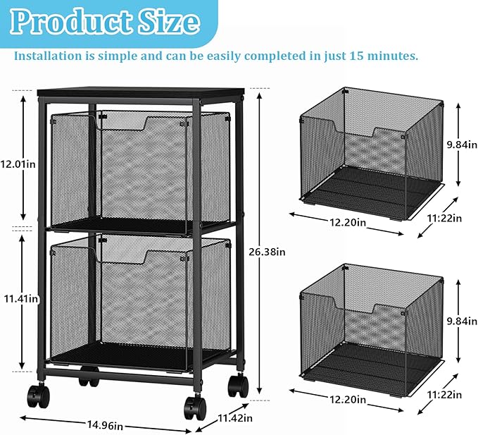 Rolling File Cart with 2 Storage Drawers, File Cabinet with Wheels, Hanging - Image 3