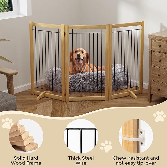 Wire Dog Gate Solid Wood Frame, Anti-Chewing, Indoor Freestanding Pet Gate - Image 4