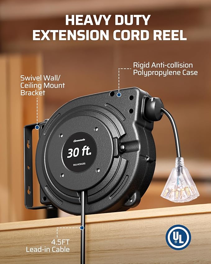 DEWENWILS 30FT Retractable Extension Cord Reel, 16/3C SJTW Heavy Duty Power Cord - Image 8
