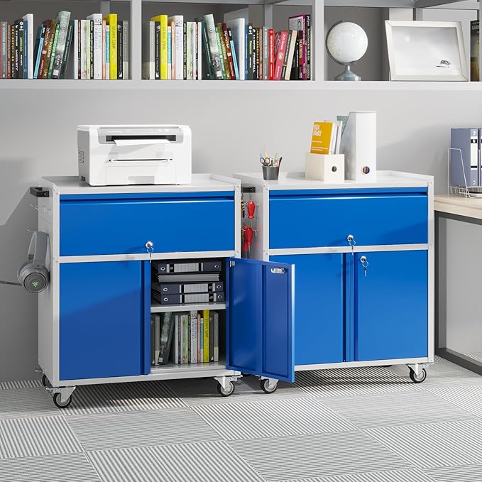 Aobabo Metal Cabinet with Wheels, Metal Garage Cabinet with 1 Drawer and 4 Hooks - Image 2