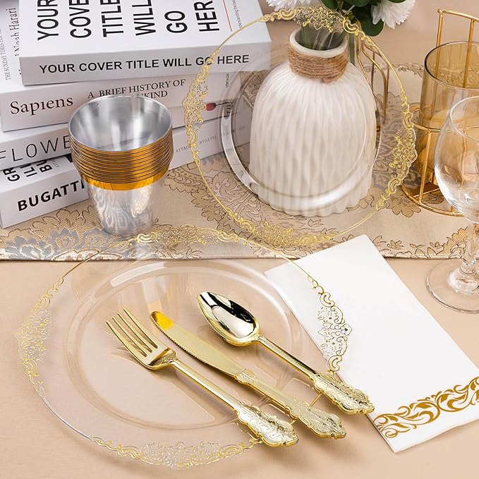 350PCS Clear Gold Plastic Plates - Image 5