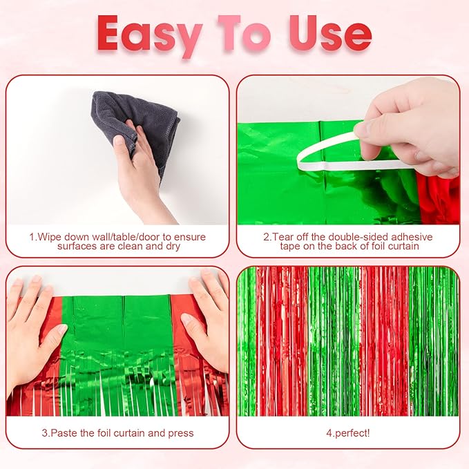 3 Pack 3.3x8.2 Feet Red and Green Foil Fringe Backdrop Curtains, Tinsel - Image 4