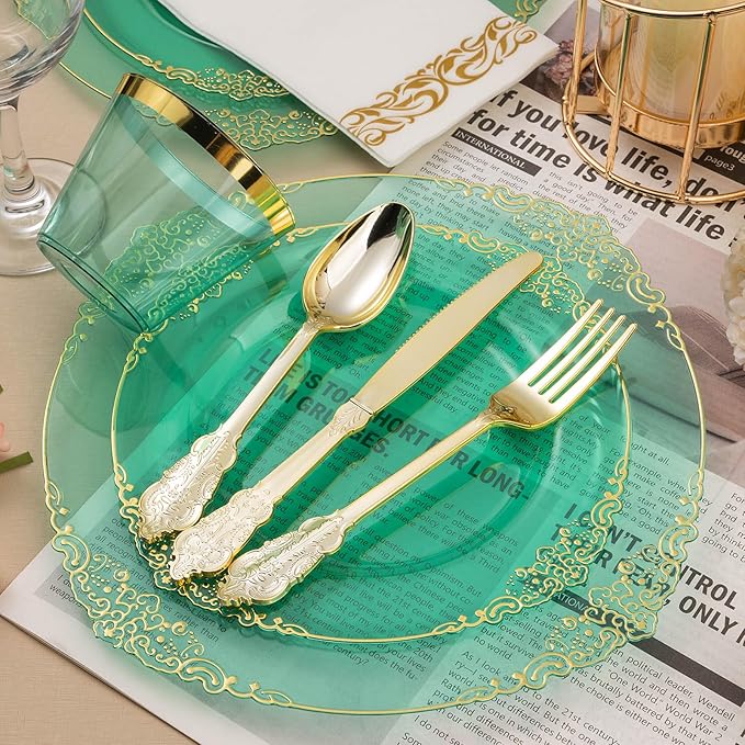 175PCS Clear Green Plastic Plates - Image 3