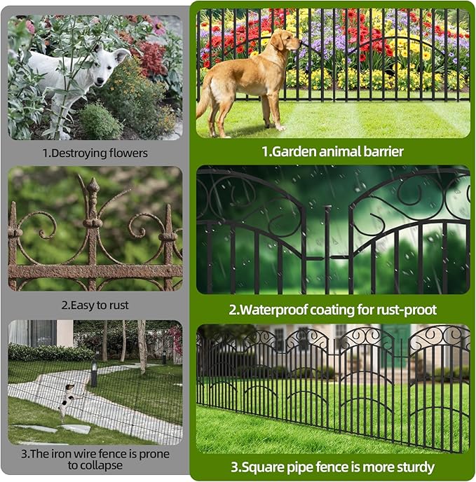 8 Panels 40in Decorative Garden Fence, Total 18ft L Heavy Duty Iron Metal No - Image 3