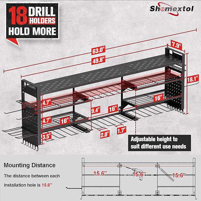 49.8" W Super Large Power Tool Organizer Wall Mount, 4-Layer Heavy Duty Tool - Image 2