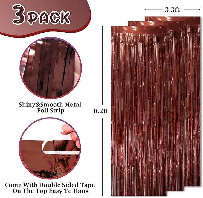 3 Pack 3.3 x 8.2 ft Brown Foil Fringe Backdrop Curtains, Tinsel Streamers Party - Image 2