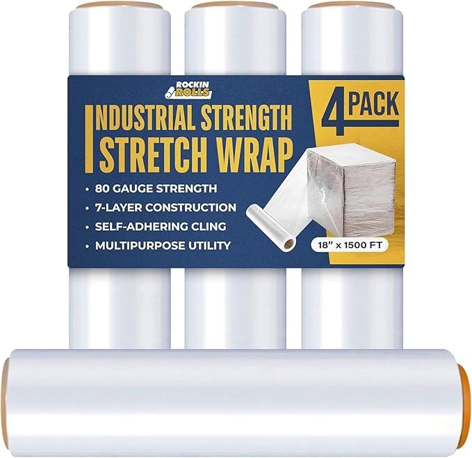 Rockin Rolls Stretch Film Wrap, 4 Rolls Heavy Duty Pallet Wrap – 18" x 1500 FT by RockinRolls