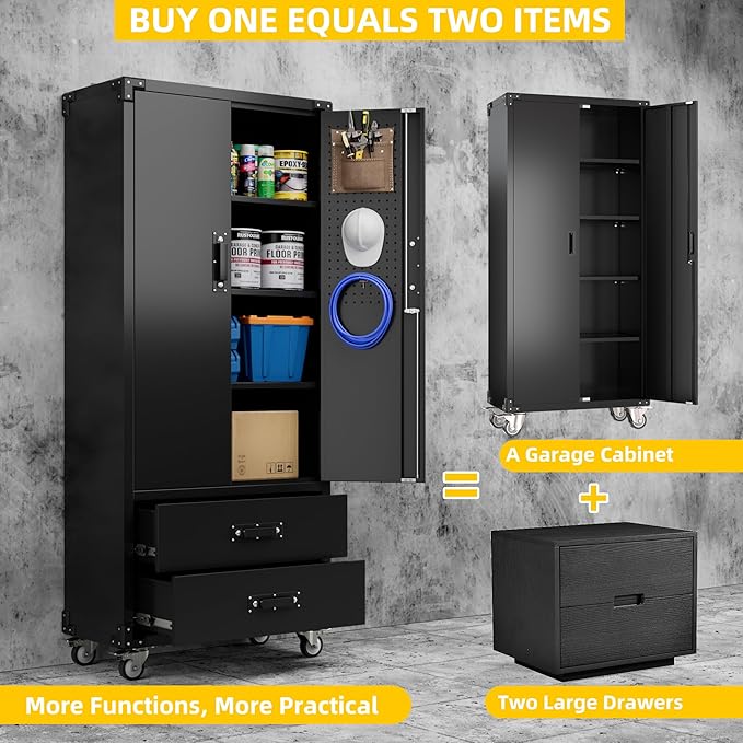 Garage Storage Cabinet with 2 Drawers and Pegboard, Metal Storage Cabinet with - Image 5