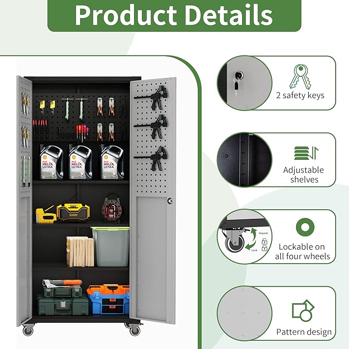 71'' Garage Storage Cabinet on Wheels Metal Tool Cabinets - Image 6