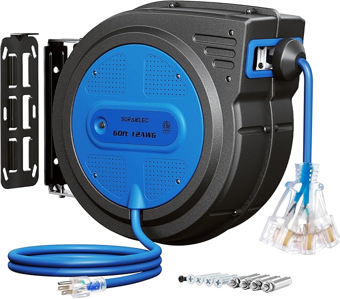 SURAIELEC 12 Gauge Extension Cord Reel, 60 FT Retractable Extension Cord by SURAIELEC