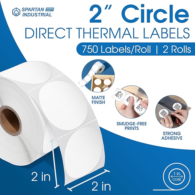 Spartan Industrial 2" Round Direct Thermal White Labels | Perforated Custom - Image 2