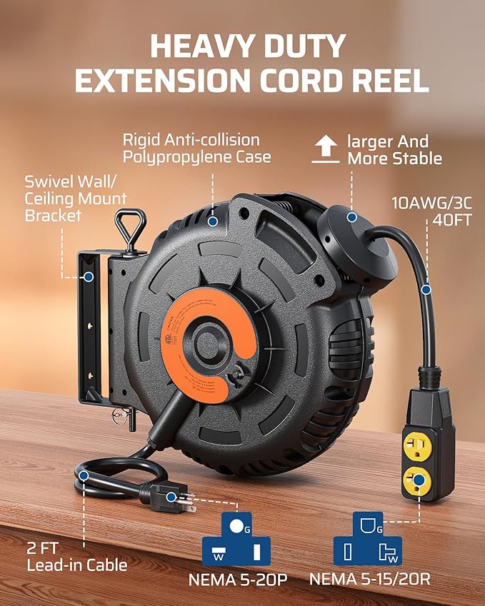 DEWENWILS Retractable Extension Cord Reel, 40FT 10AWG/3C SJTW Heavy Duty Power - Image 6