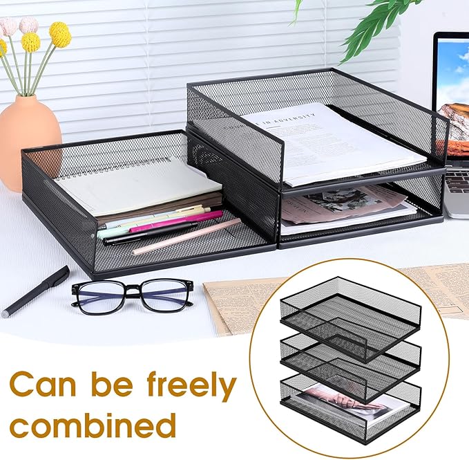 3 Pcs Black Metal Letter Tray, 3-Tier Stackable Paper Tray, Metal Mesh Desktop - Image 7