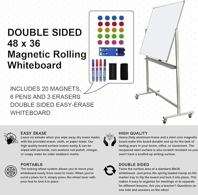 Mobile Whiteboard Magnet Dry Erase Board on Wheels Double-Sided Magnetic - Image 2