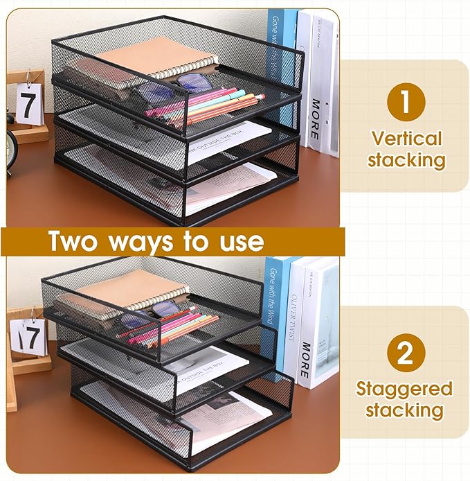 3 Pcs Black Metal Letter Tray, 3-Tier Stackable Paper Tray, Metal Mesh Desktop - Image 5