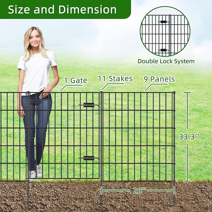 Metal Garden Fence with Gate 33.3in x 23.3ft, 1 Gate + 9 Panels Dog Fence - Image 3