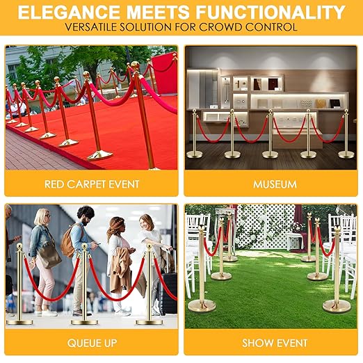 LOVMOR 6PCS Gold Stanchion Posts Queue, 38 Inch Red Velvet Rope, 5 FT Red - Image 7