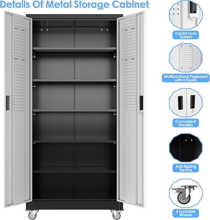 Garage Storage Cabinet with Wheels & Pegboard, Lockable Metal Storage Cabinet - Image 4