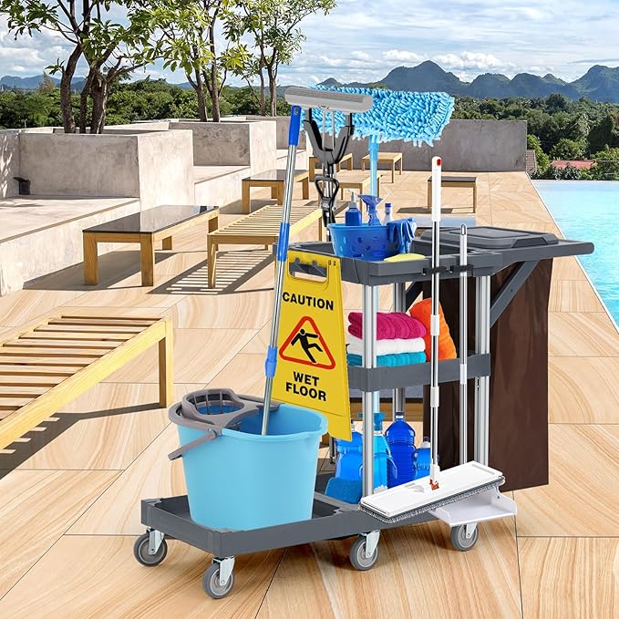 Heavy Duty Janitorial Cleaning Cart on Wheels – 3 Shelves, 220 Lbs Capacity - Image 8