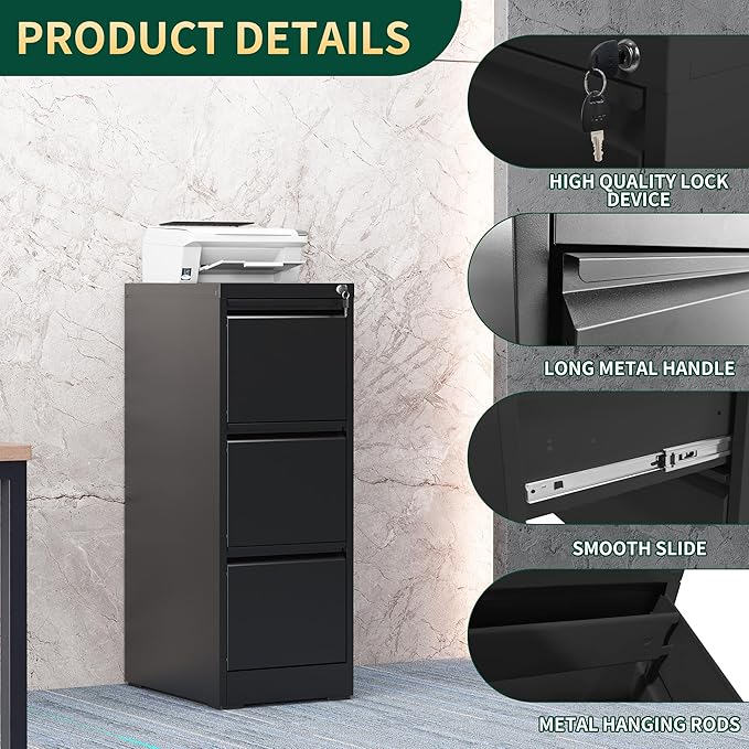 3 Drawer File Cabinet with Lock, Steel Vertical Filing Storage Cabinet - Image 4