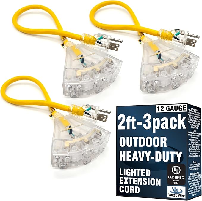 3 Pack - 2 ft Short Outdoor Extension Cord Waterproof - 12 Gauge Heavy Duty by WattsWire