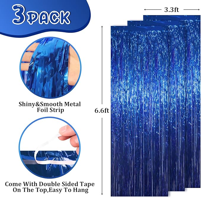 3 Pack 3.3x8.2 Feet Blue Foil Fringe Backdrop Curtains, Tinsel Streamers - Image 3