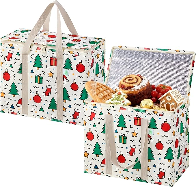 VENO 2 Pack Christmas Cooler Bag Insulated Reusable Grocery Shopping Bag by Veno