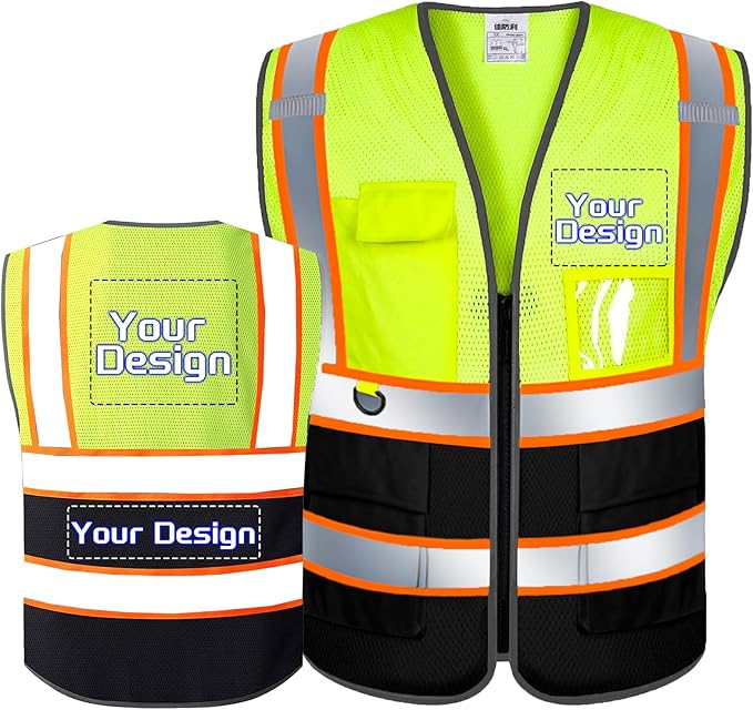 Custom Safety Vest with Logo Pockets High Visibility Reflective Vests by CustomTok