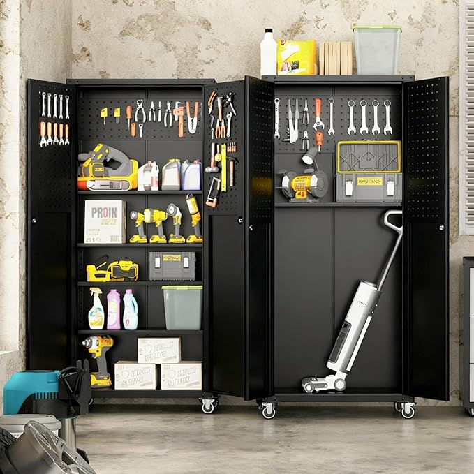 71'' Garage Storage Cabinet on Wheels Black Metal Tool Cabinets - Image 2
