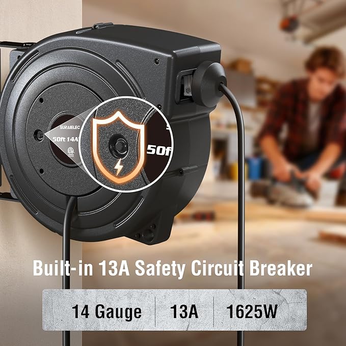 SURAIELEC 50FT Retractable Extension Cord Reel, 14AWG/3C SJTOW Heavy Duty Power - Image 3