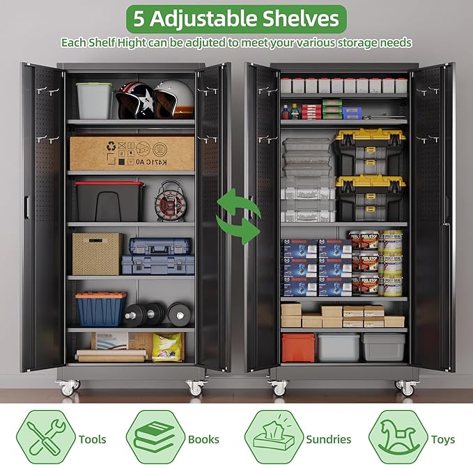 Metal Storage Cabinet with Wheels and Pegboard, Assembly Required - Image 5