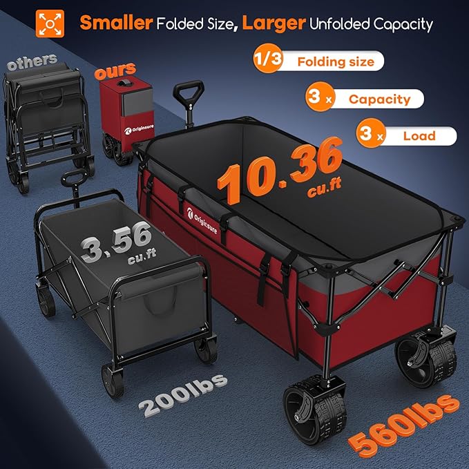 48" L Collapsible Wagon Cart Foldable, 560lbs Weight Capacity 300L Heavy Duty - Image 3