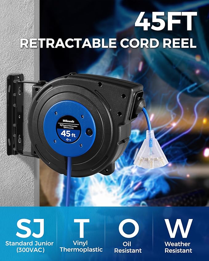 Retractable Extension Cord Reel, 45 FT Heavy Duty Power Cord, 12AWG/3C SJTOW - Image 6