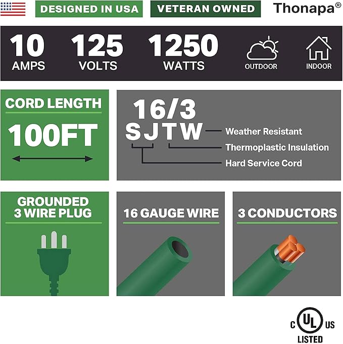 Weatherproof Outdoor Extension Cord 100 ft, 16/3 SJTW 100ft Green Extension - Image 2