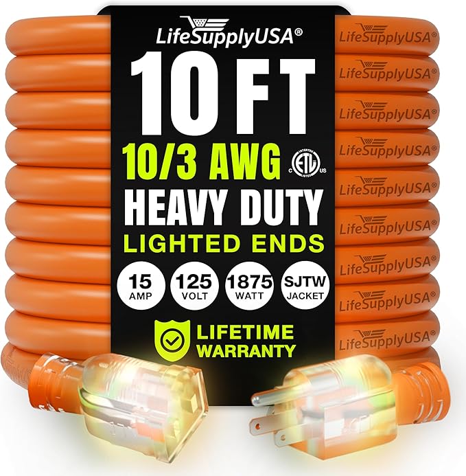 10ft Outdoor/Indoor Extension Cord 10/3 Gauge Ultra Heavy Duty 3 Prong SJTW by LifeSupplyUSA