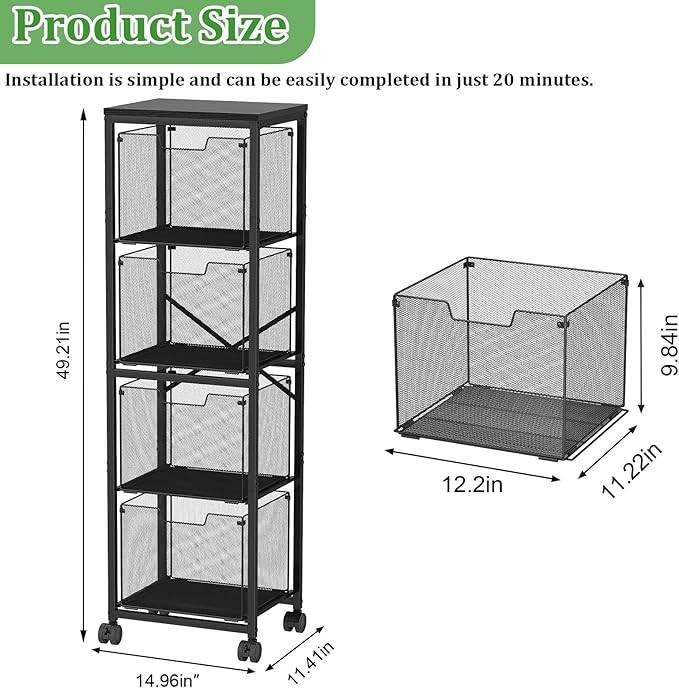 4 Drawers File Cabinet, Vertical Filing Cabinets, Rolling File Cart, Hanging - Image 6