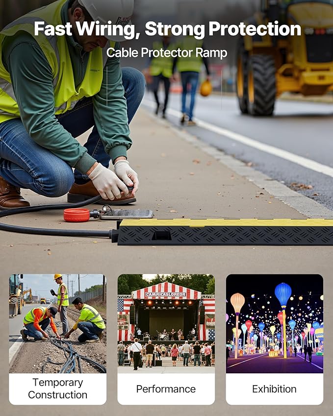 VEVOR 3 PCs Rubber Cable Protector Ramp, 2 Channel Heavy Duty TPU Floor Cord - Image 2