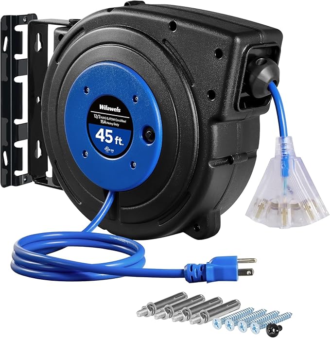 Retractable Extension Cord Reel, 45 FT Heavy Duty Power Cord, 12AWG/3C SJTOW by Wilawels
