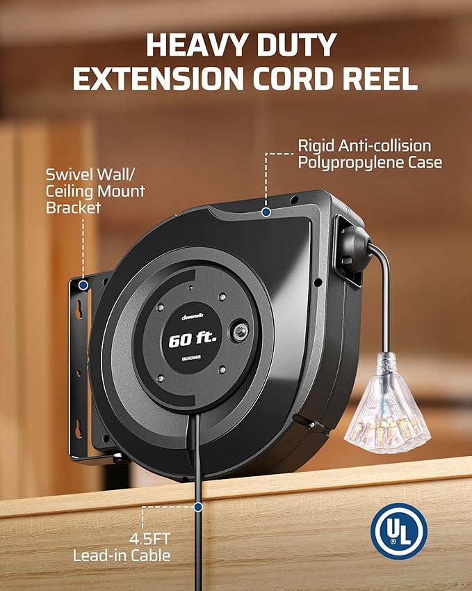 DEWENWILS Retractable Extension Cord Reel, 60FT Retractable Cord Reel, 12AWG/3C - Image 3
