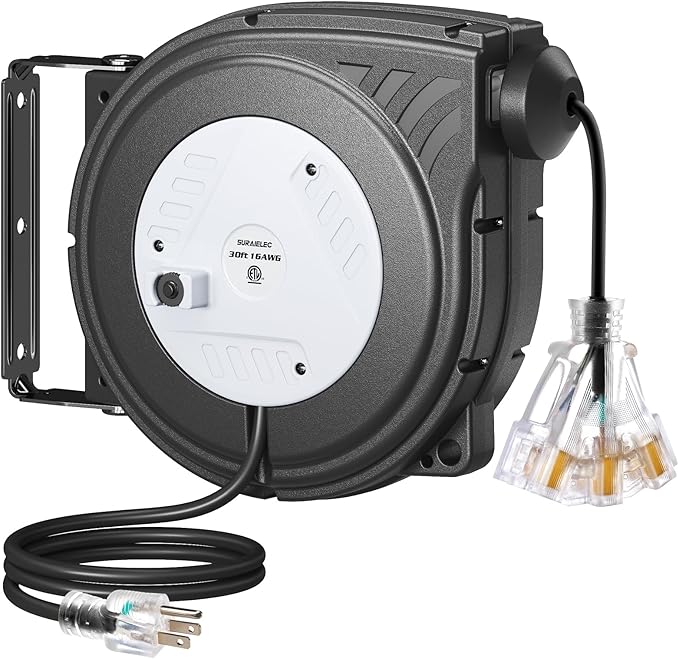 SURAIELEC 30 FT Retractable Extension Cord Reel, 16AWG SJTW Power Cord by SURAIELEC