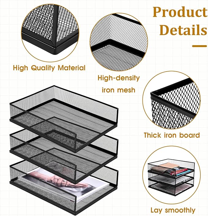 3 Pcs Black Metal Letter Tray, 3-Tier Stackable Paper Tray, Metal Mesh Desktop - Image 4