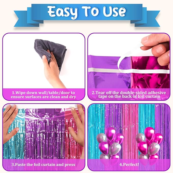 3 Pack 3.3 x 8.2 ft Blue Purple Pink Foil Fringe Backdrop Curtains, Tinsel - Image 4