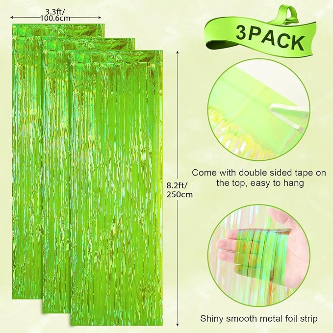 3 Pack 3.3x8.2 Feet Neon Green Foil Fringe Backdrop Curtains, Tinsel Streamers - Image 3